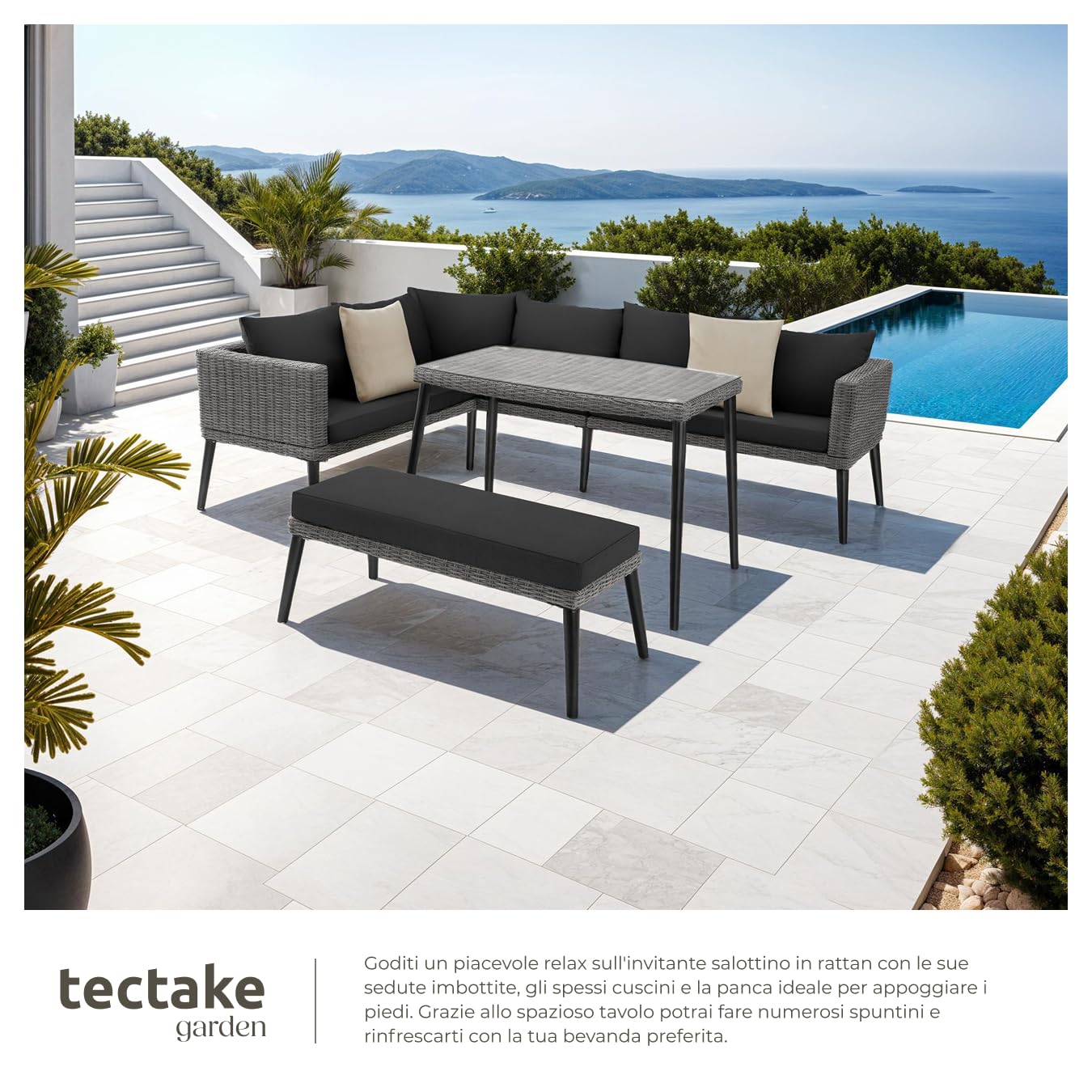 tectake® Salottino in rattan Pula, Telaio in Alluminio, Tavolino Salotto con Lastra in Vetro, Divano Salotto, Elemento Angolare, Imbottitura spessa, Resistente ai Raggi UV - Grigio