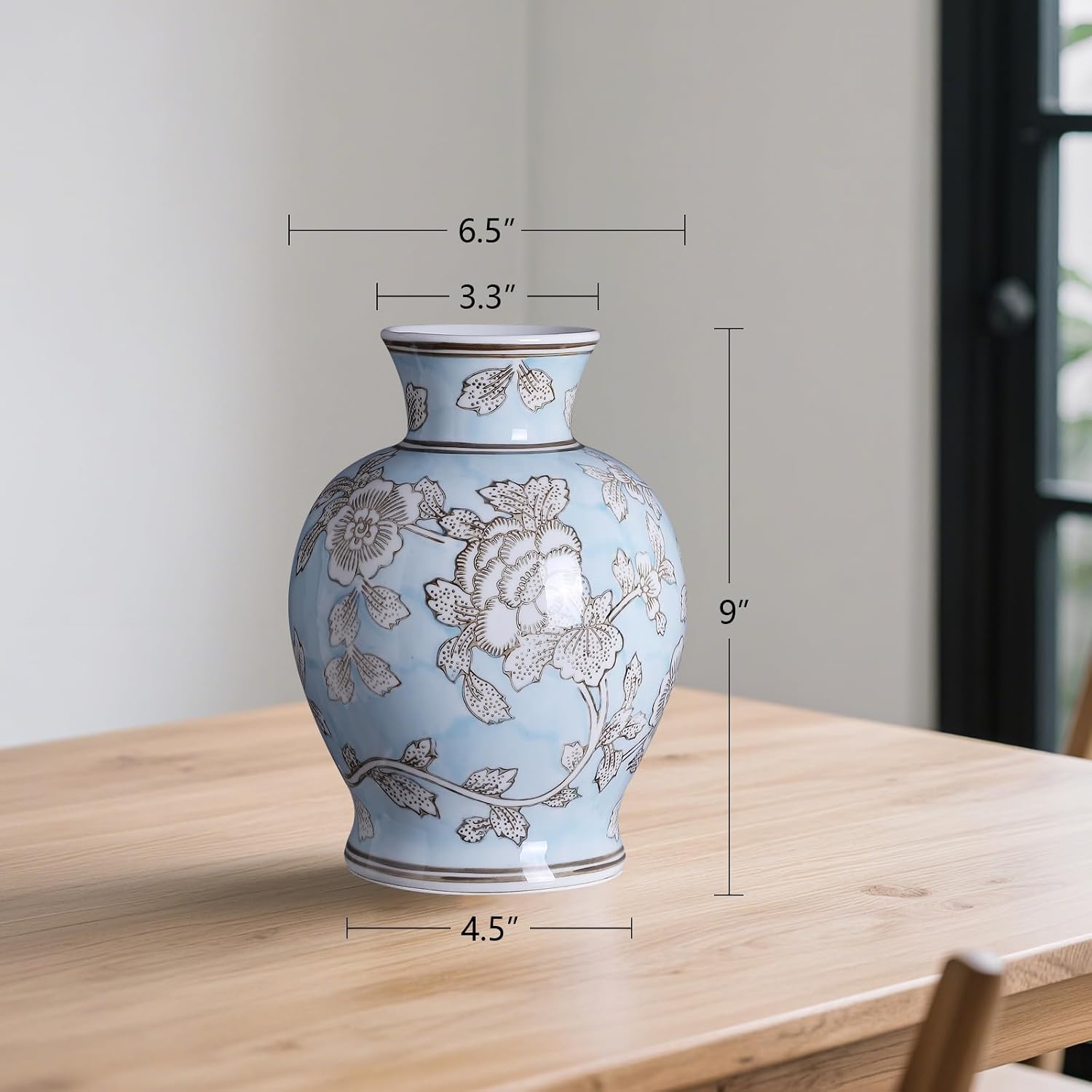 Vintage Chinoiserie Floral Ceramic Vase, Large Rustic Pottery Vases for Living Room, Entryway, Dining Table Centerpiece, Farmhouse Home Décor, Floor or Tabletop Flower Vase, (Blue)
