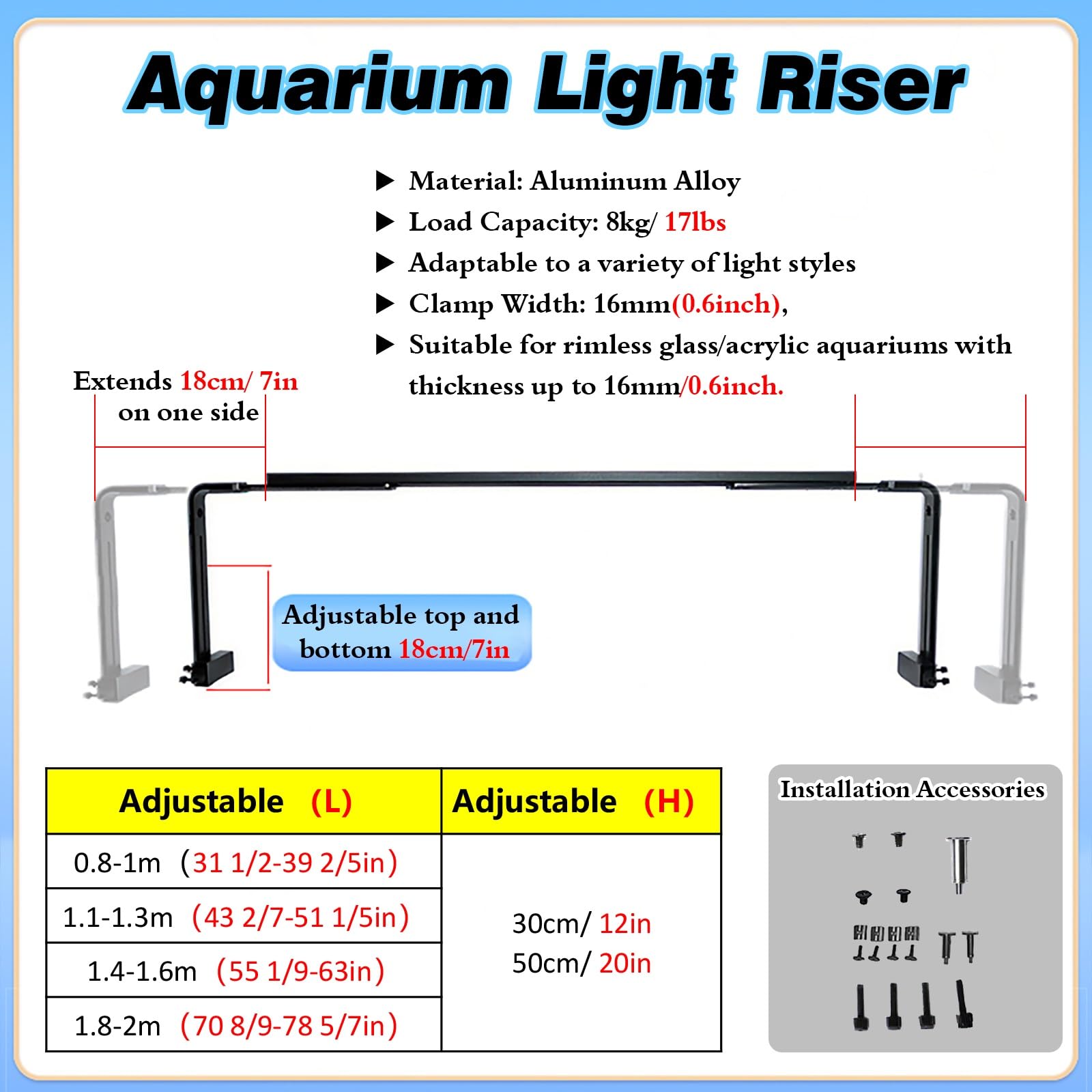 Supporto per Lampada A Sospensione per Acquario con Morsetto in Alluminio per Acquario Senza Bordo, Supporto per Lampada A Sospensione Regolabile(L 3.6-4.3 ft,H 20in)