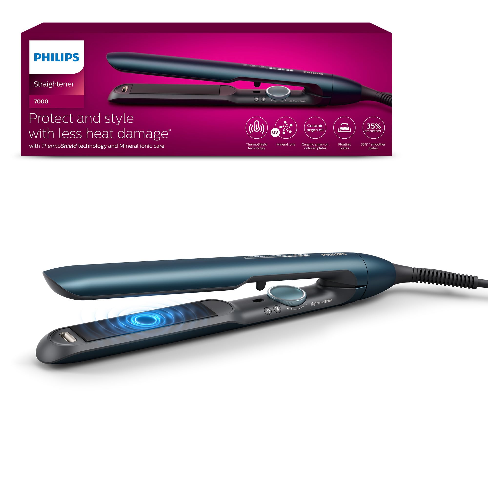 Philips Haarglätter 7000 Series, ThermoShield Technologie, Ionisierungsfunktion, Keramikplatten mit Arganöl, Blaugrün-Metallic, Modell BHS732/00