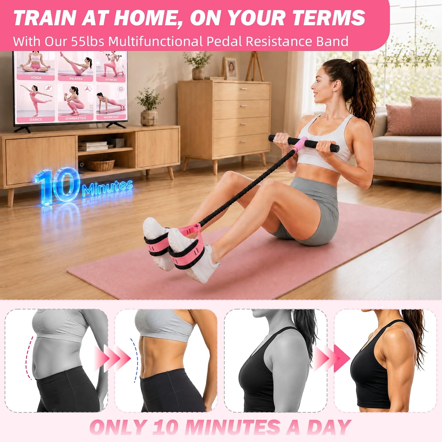 Pedal Resistance Band with Handles, 6-Tubes Natural Rubber Exercise Band image 2