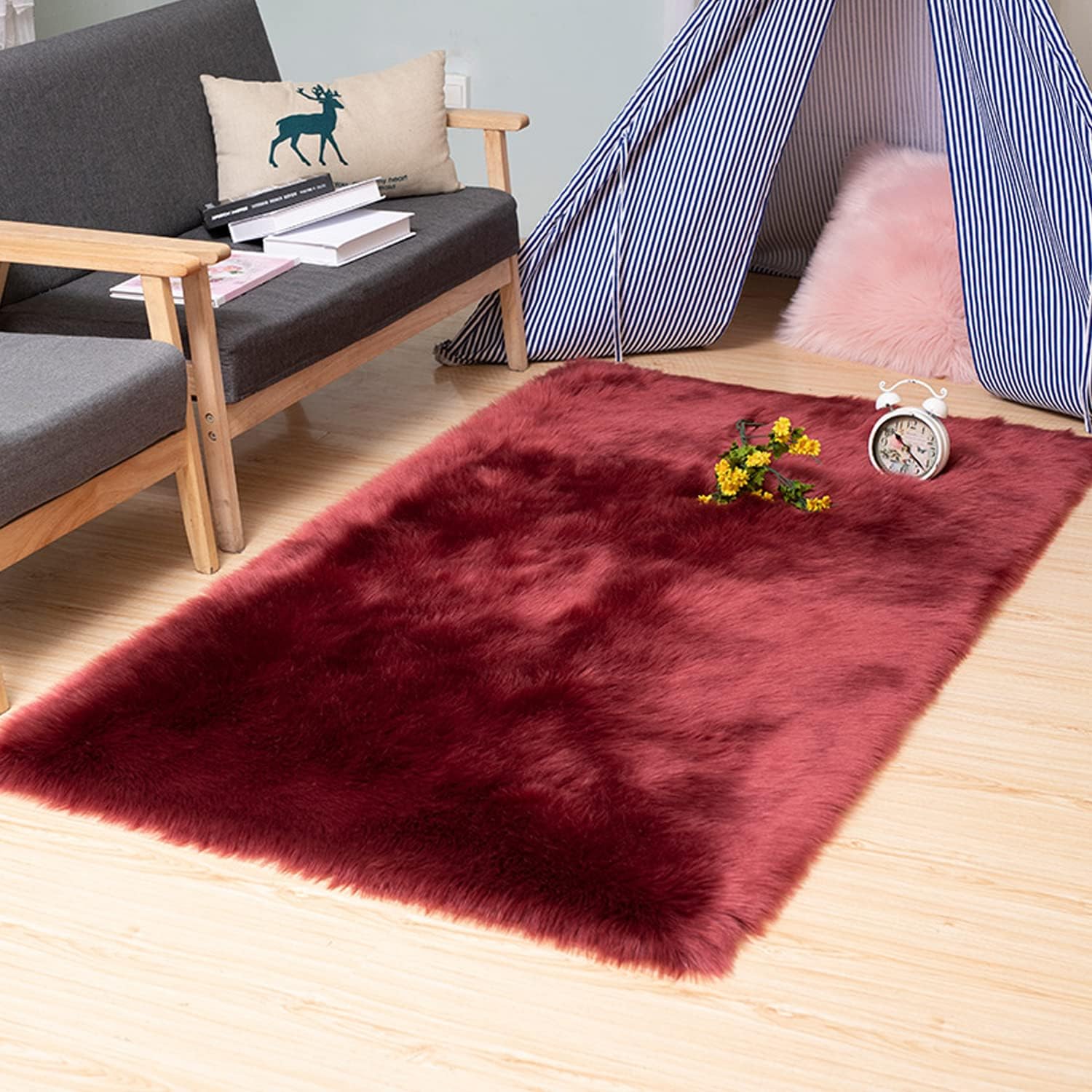 Faux Fur Sheepskin Area Rug, Baby Bedroom Rugs Fluffy Rug Home Decorative Shaggy Carpet, 2.5x5 Feet, Burgundy
