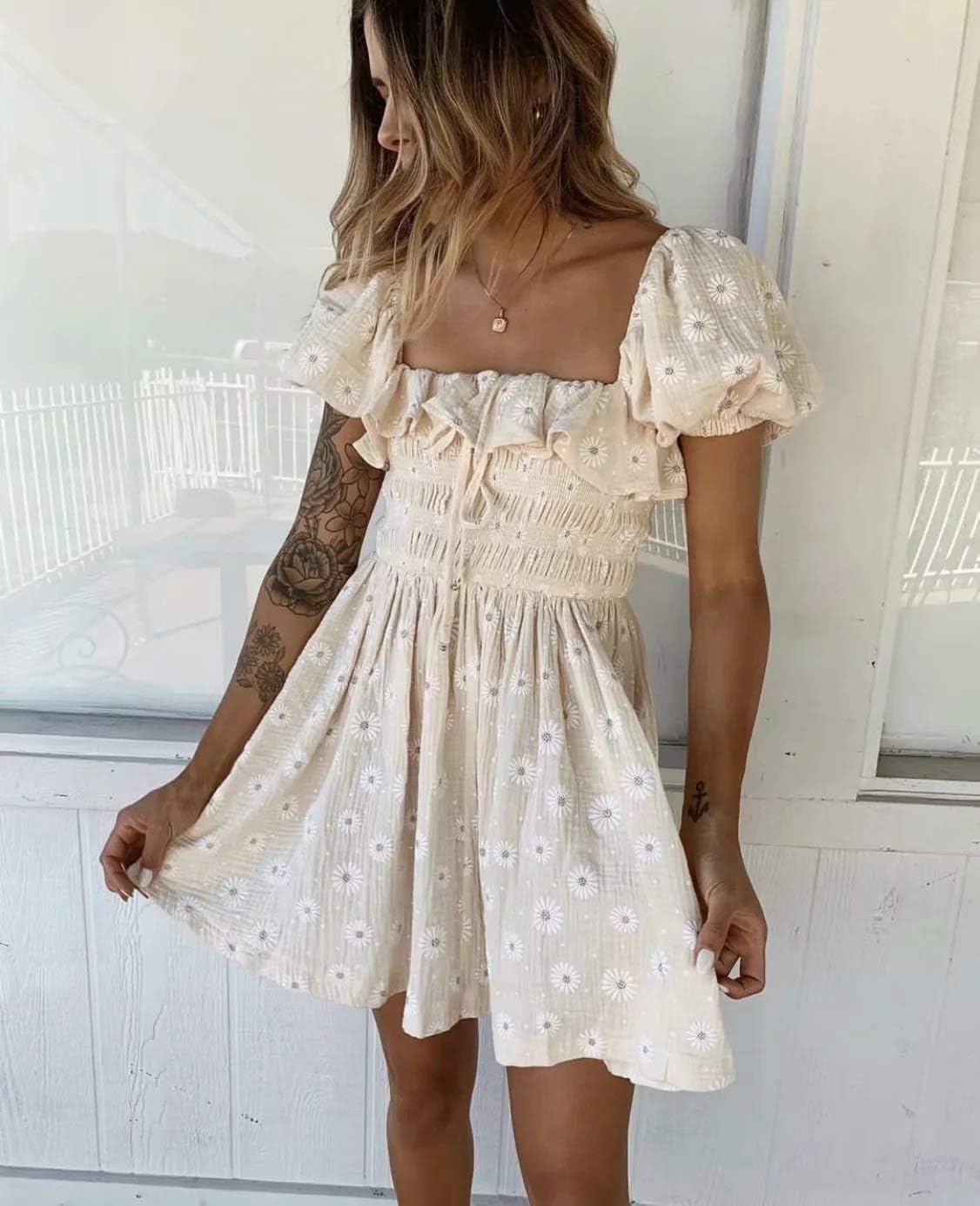 R.Vivimos Women's Summer Cotton Short Sleeve Square Neck Elastic Smocked Ruffle Floral Print Swing Mini Dress - Image 3