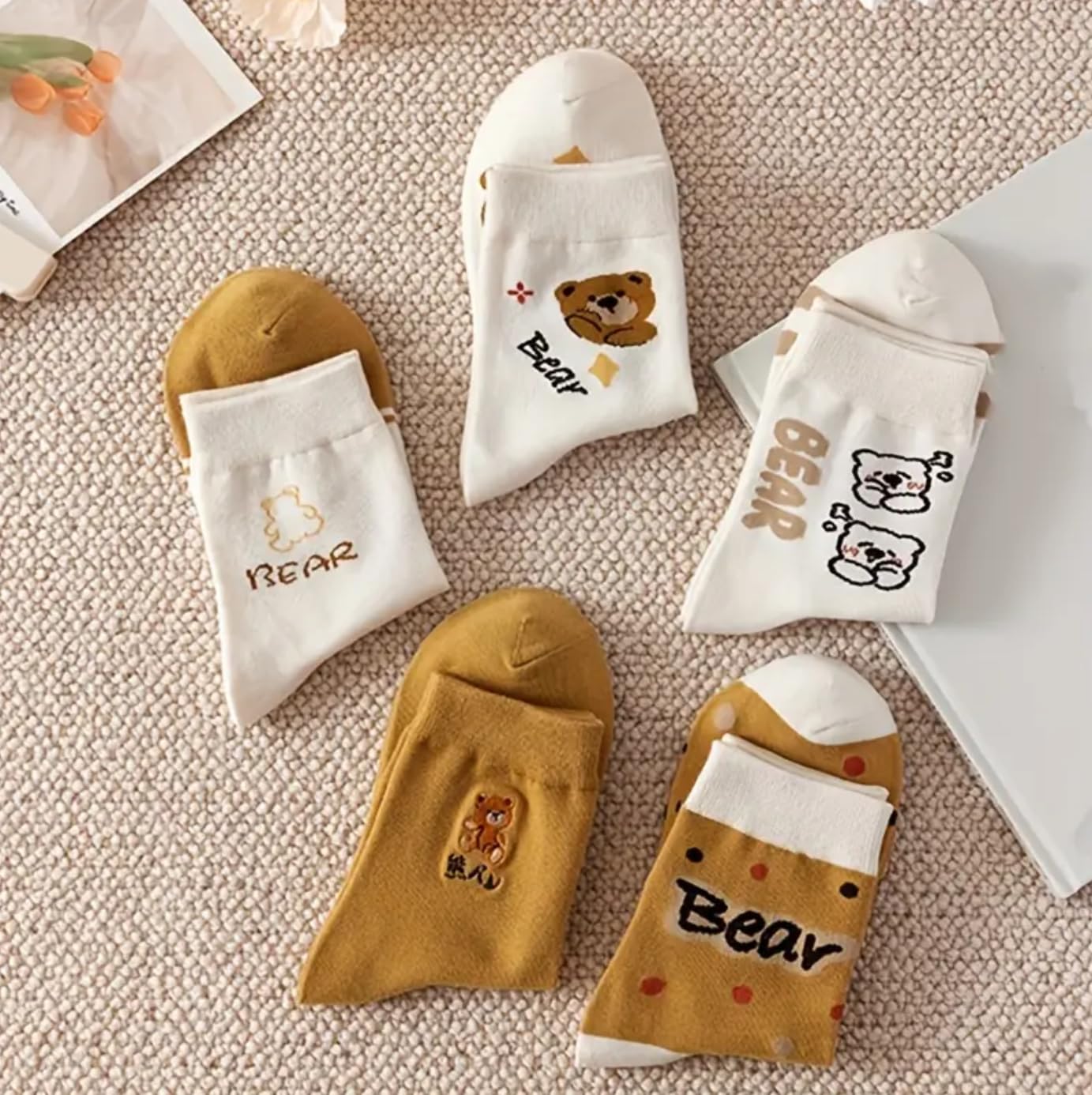 SoxLife Cotton Blend Women Calf Length Cute Socks Odour Free | Set of 5 (Brown Bear) - Image 5 thumbnail