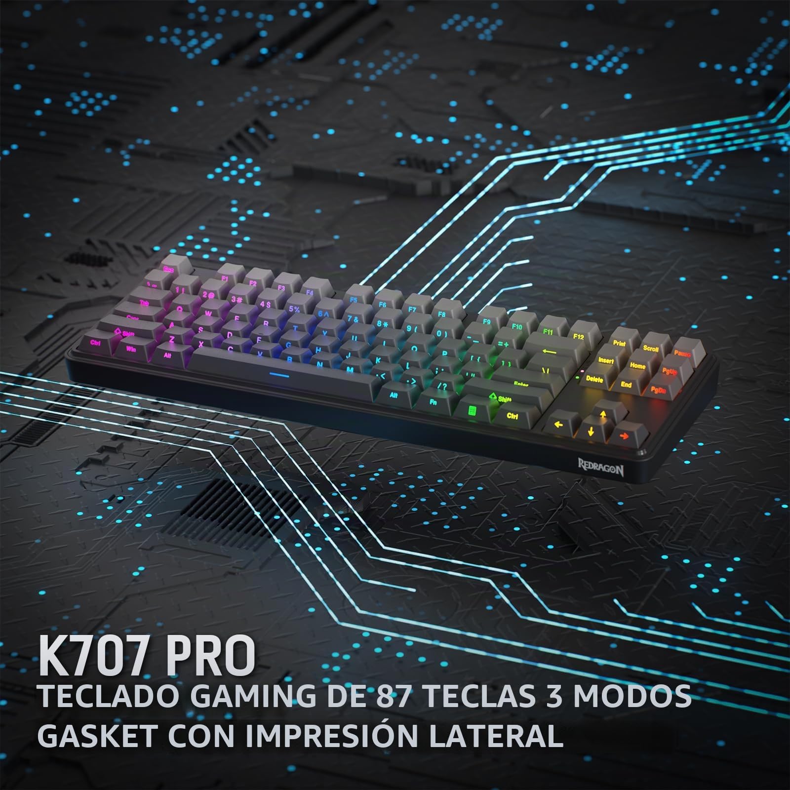 Redragon K707 Pro GB Teclado Gaming RGB Gasket 80% TKL Metal Inalámbrico | 3 Modos Hot Swap LEDs Hacia Abajo Teclas PBT Gradiente 5 Capas Amortiguación Interruptor Lineal US Layout