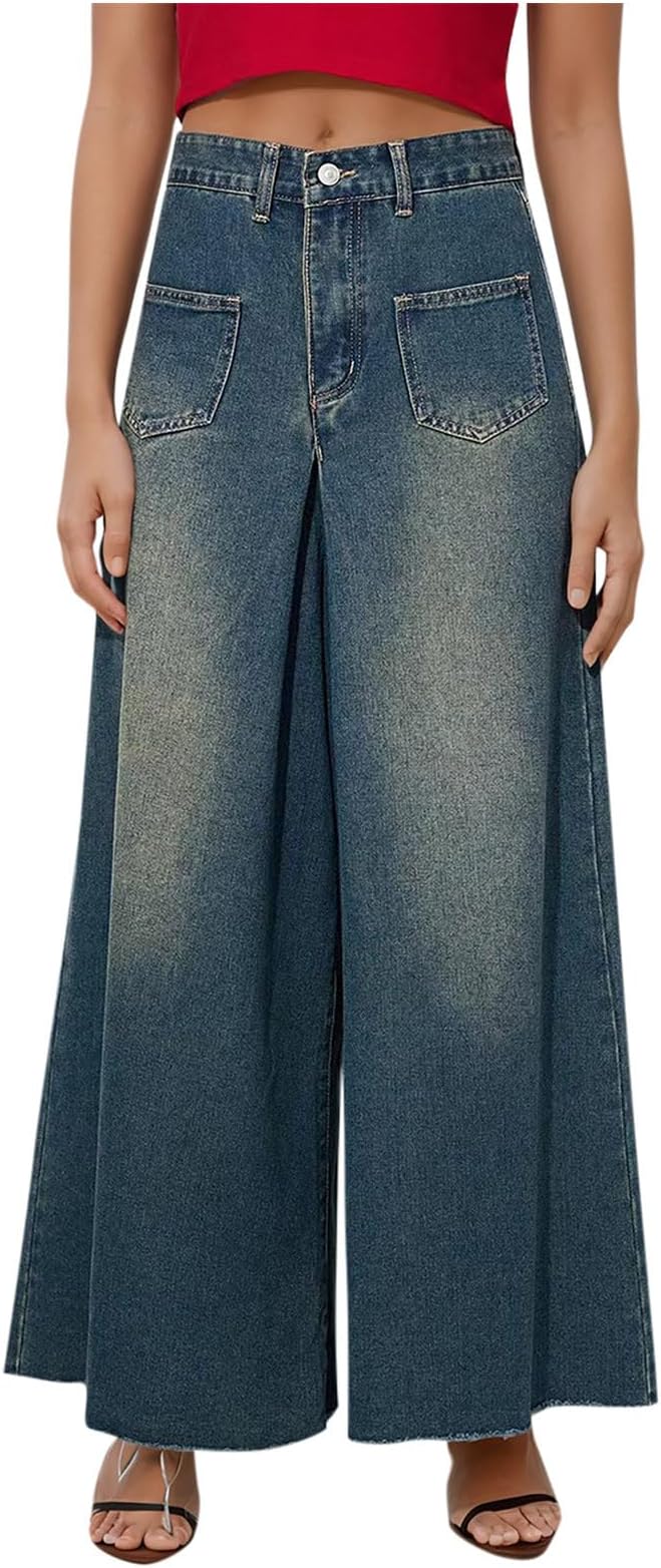 TANGNADE Wide Leg Jeans Petite Length Button Front High Waist Denim