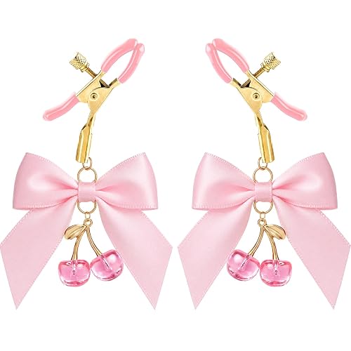 Encanova Bow Cherry Body Jewelry Non Piercing Body Clips | 2 Pieces, Beginner-Friendly, Adjustable Pressure, Silicone Material, Ideal for Wedding Nights, Anniversaries, Toy - Gold-Pink Bowknot Cherry
