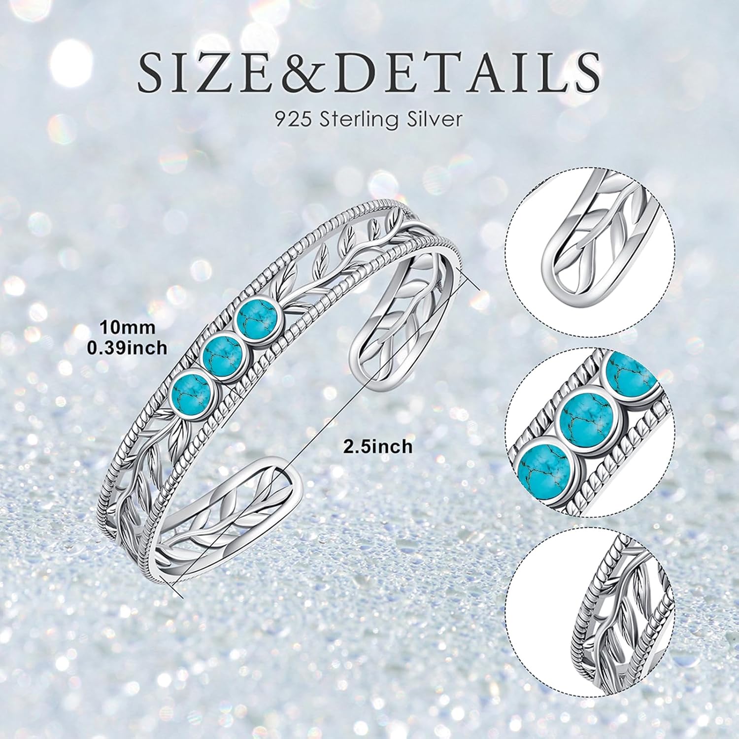 Genuine Turquoise Cuff Bracelet, 925 Sterling Silver Vine Leaf Open Bangle Vintage Boho Nature Jewelry Birthday Gift for Women