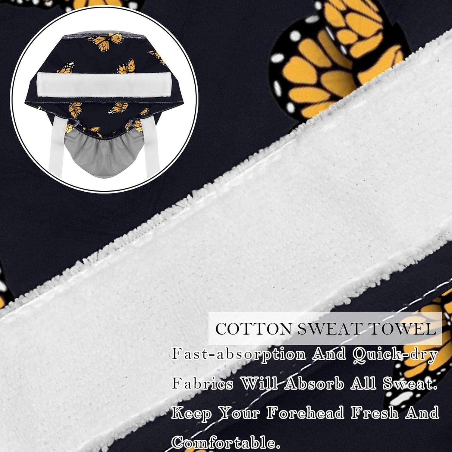 Yellow Butterfly Black Background Working Caps with Buttons, Long Hair Scrub Hats Ponytail Holder for Women at  Women’s Clothing store