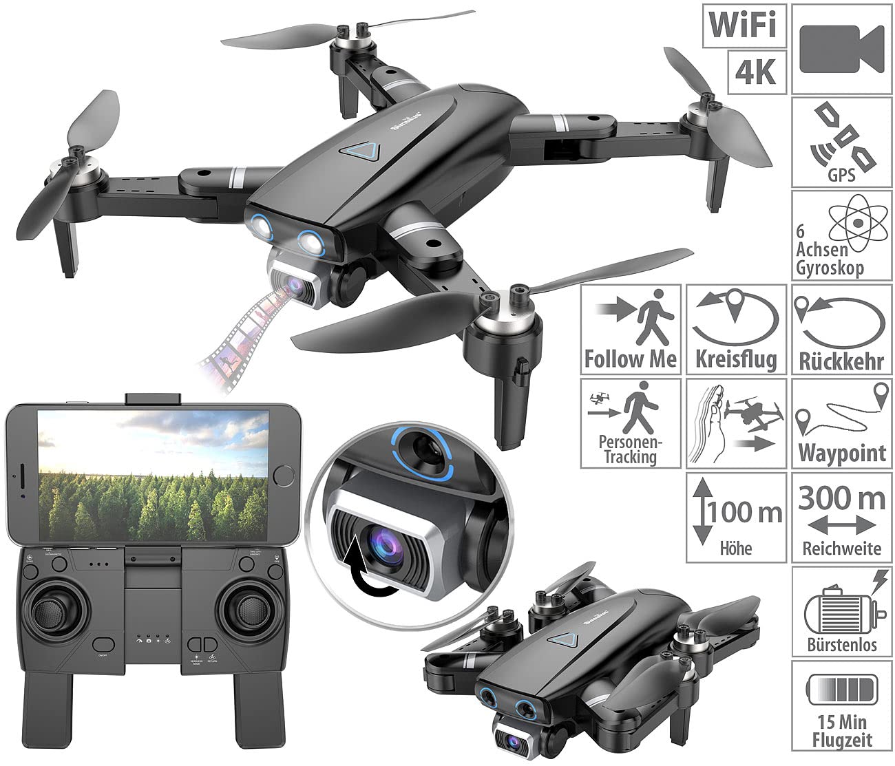 Simulus Drone pieghevole GPS con fotocamera 4K UHD, motore brushless, Wi‑Fi, Follow Me