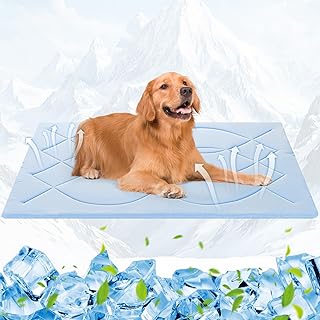 Hundekühlmatte, 71 × 122cm (L), Q-Max > 0,4, selbstkühlende Hundematte, wendbar (kühl & warm), doppelseitige Kühlmatten für Haustiere für den Sommer, Transportbox, Zwinger,ohne Gel, Blau + Grau