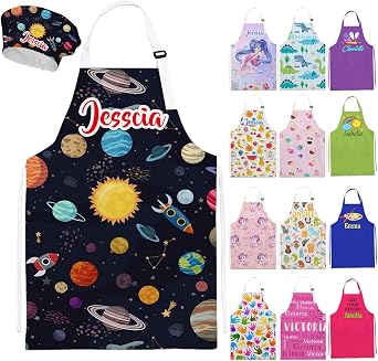 Custom Kids Apron Chef Hat Set with Pocket Personalized Aprons with Name for Cooking Baking Gift for Boys Girls