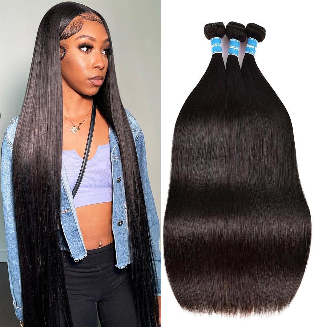 10A Straight Human Hair 14 16 18Inch Straight Hair 3 Bundles Unprocessed Brazilian Virgin Hair Extension Double Weft Natural Black
