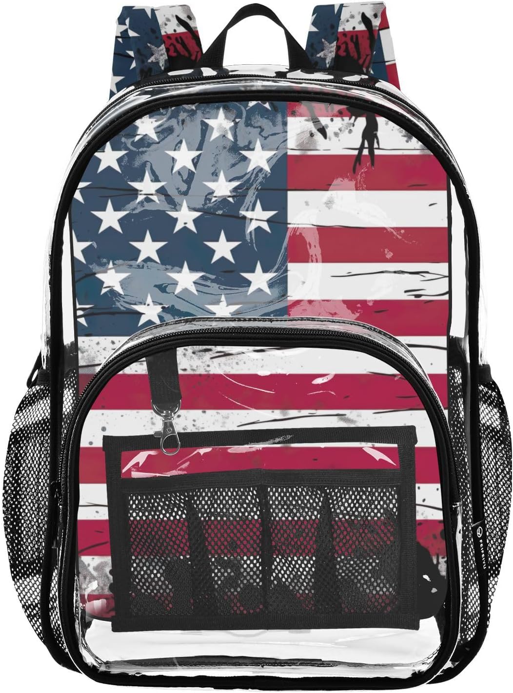 American Flag Clear Backpack with Back Print, Heavy Duty See Through Backpacks PVC Transparent Daypack for Travel Security