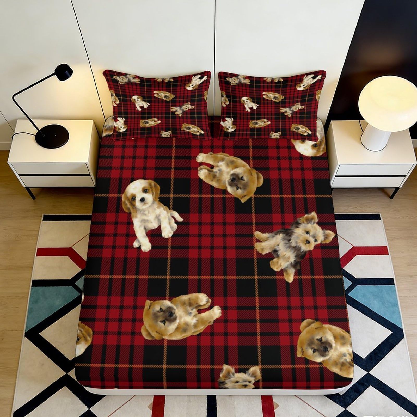 3D Printed Puppy Dog Fitted Sheet Microfiber Plaid Bed Cover for Bedroom Guest Room Mattress Protection Decor 90x200x25cm