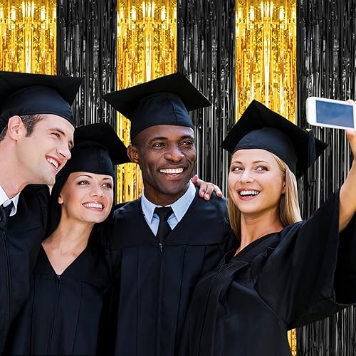 Miniatura 2 de PIGETALE, 2 Pack 3.2x8.2 Feet Black and Gold Tinsel Backdrop Party Decorations, Foil Fringe Curtains Backdrop for Birthday Graduation Wedding