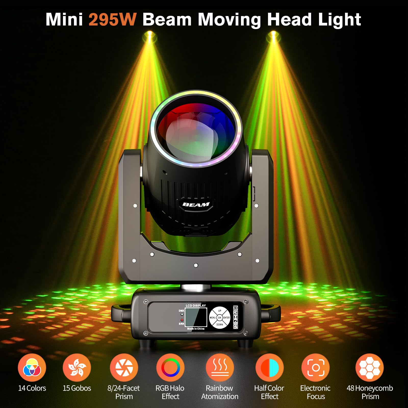 2Pcs Luce a Teste Mobili Beam da 295W, Messa a Fuoco Elettronica 14+1 Modelli 13+1 Colori Effetto di Atomizzazione a 48 Prismi perPalco Club DJ Matrimonio Festa Natale