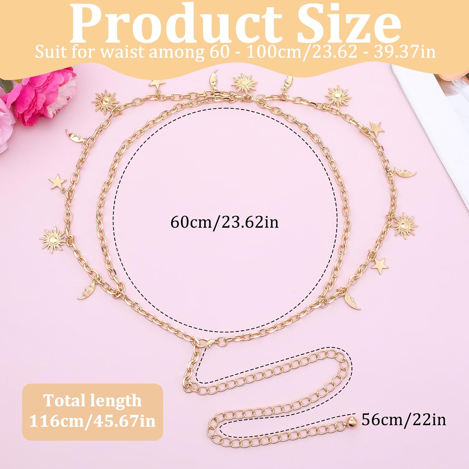 Double Layer Gold Metal Chain Belt for Women, Adjustable Sun Moon Star Waist Chain Link Belt For Dresses Jeans, Fits Waist 24-45 Inches - Image 3