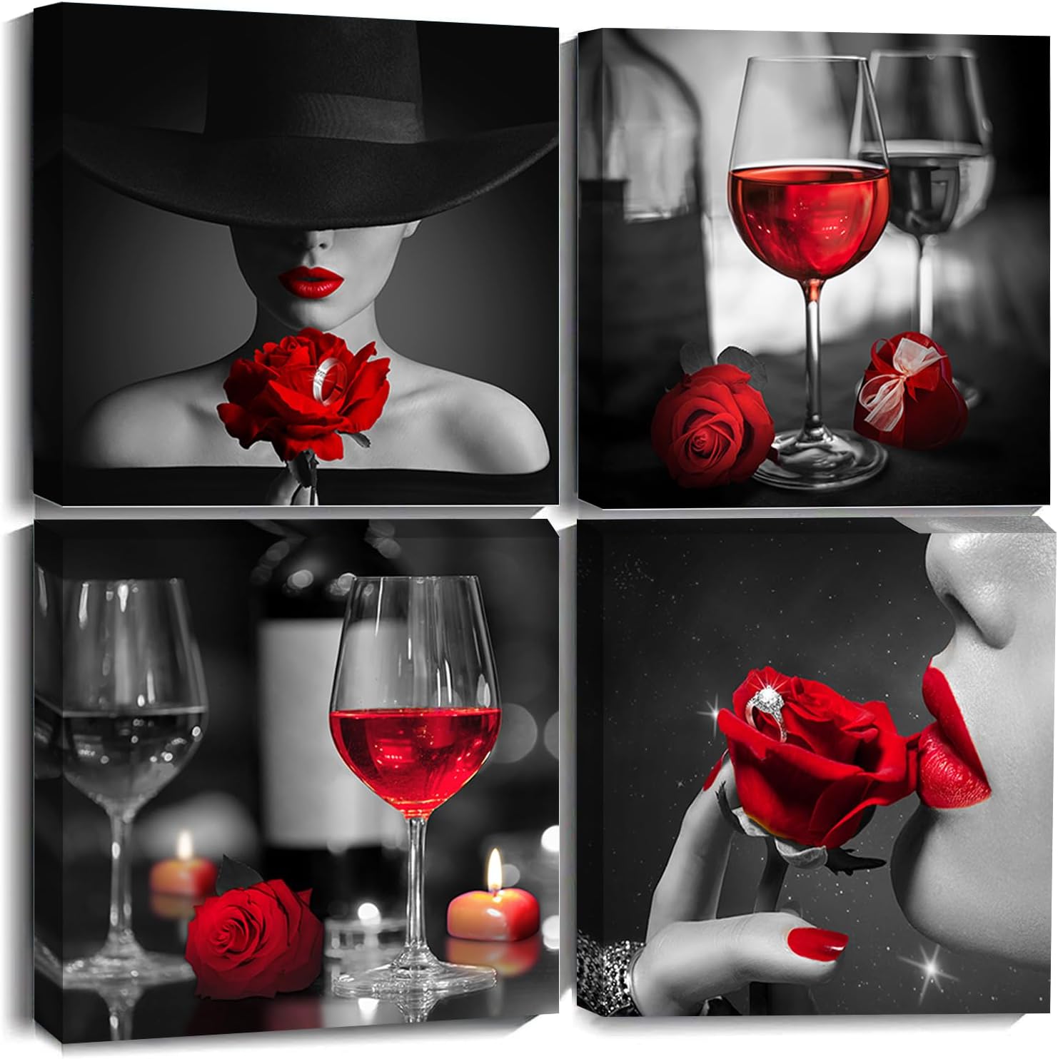 Byllyaz Red Rose Wine Glasses Wall Art Canvas Decor 12x12 4 Pieces Framed for Bedroom Decor Modern Red and Black Rose Women with Hat Painting Kitchen Pictures Home Decorations Gift