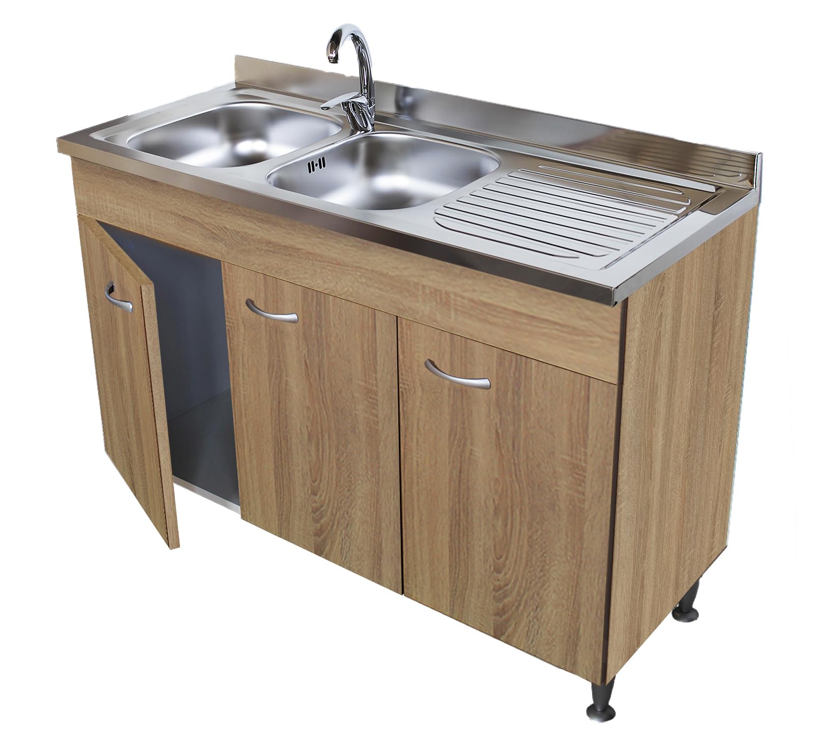Mobile rovere per lavello acciaio inox cm.120 con lavello 2 vasche per cucina