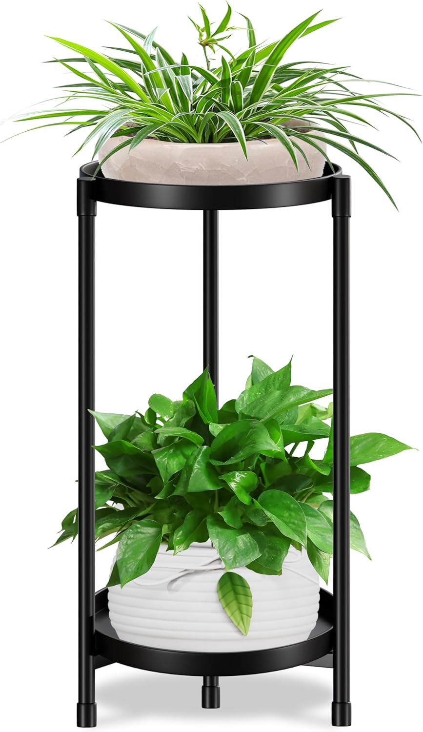 HELIJUYE 2 Tier Black Metal Plant Stand, Tall Flower Pot
