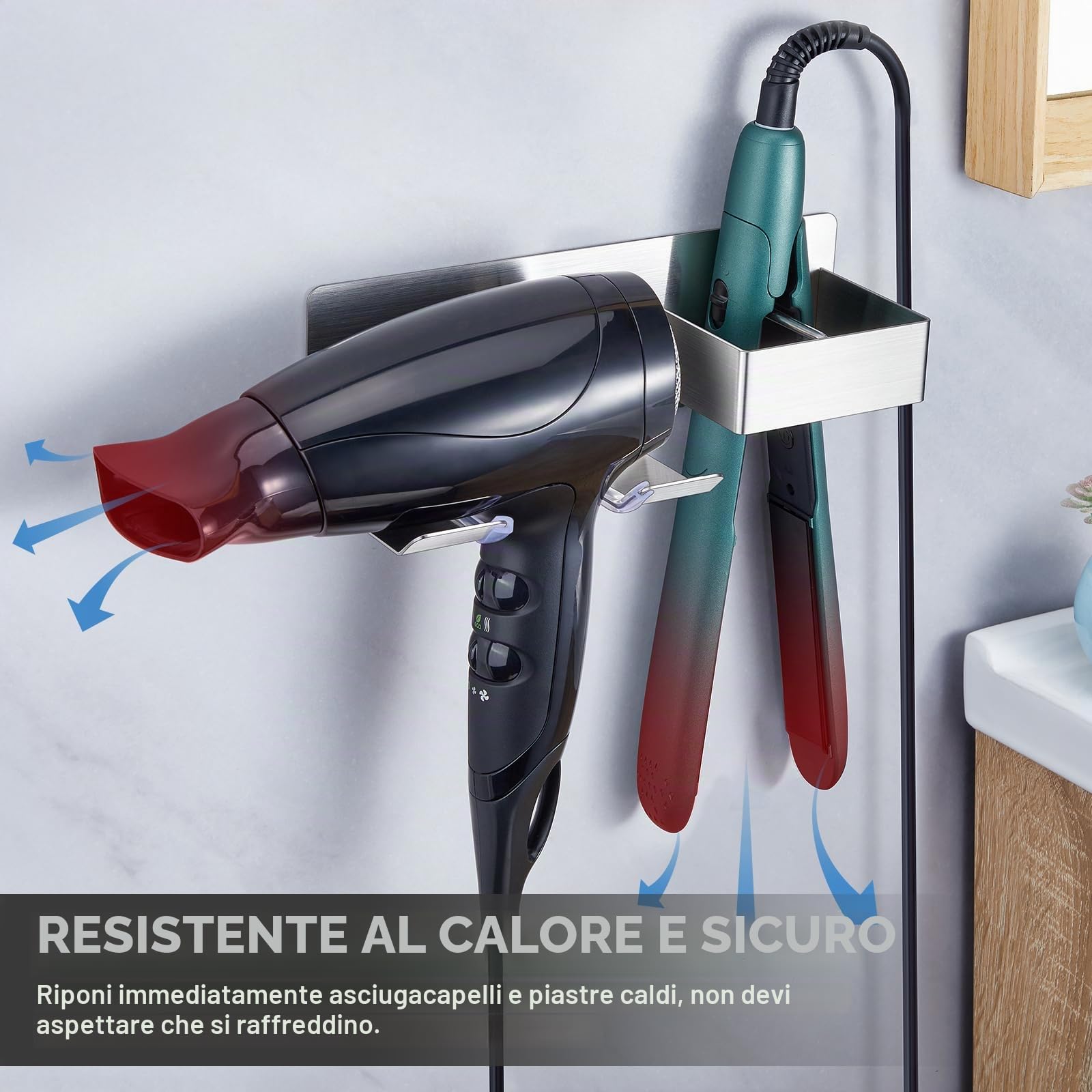 Porta phon e Piastra, Porta Piastra per Capelli, Porta Phon da Muro, Supporto per asciugacapelli da Parete Senza Foratura, Supporto per asciugacapelli e Piastra lisciante in Acciaio Inox