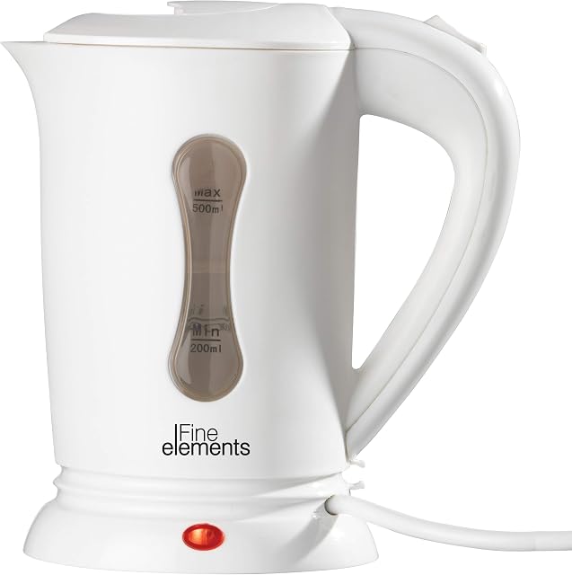 FINE ELEMENTS SDA1935 0.5L Plastic Travel Kettle with Auto Cut Off, Boil Dry Protection, Two White Cups Included, Lightweight and Portable with Concealed Heating Element