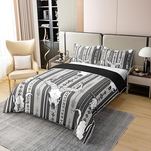 Miniatura 3 de Juego de ropa de cama 100% algodón estilo bohemio occidental, funda de edredón de calavera de toro, vaquero, negro, blanco, gris, azteca del