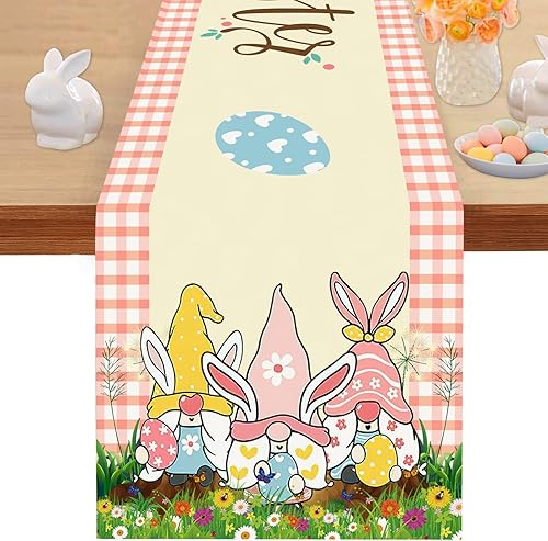 Camino de mesa de Pascua feliz de 13 x 72 pulgadas, diseño de huevos, flores, búfalo, gnomo, decoración de primavera de temporada, decoración de