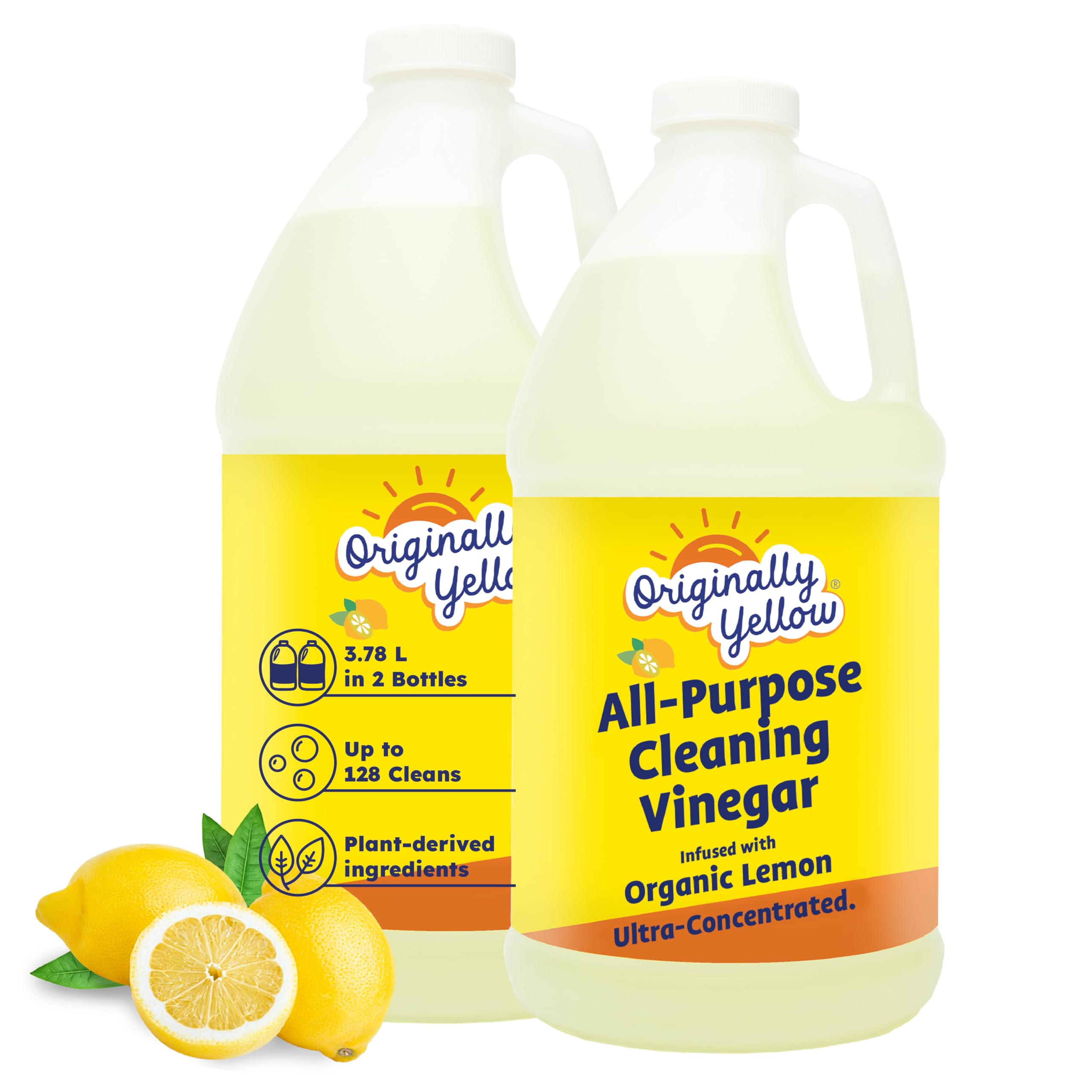 Originally Yellow All-Purpose Cleaning Vinegar for Home Floor Cleaning Solution with Distilled Vinegar | Infused with Organic Lemon | Plant-Based House Cleaning Supplies, 1.89 L (2-Pack)