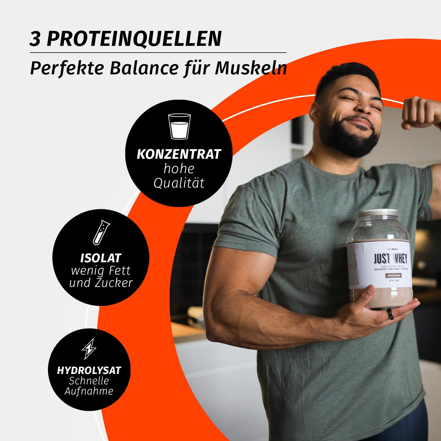 Just Whey Protein Pulver – aus Weide-Kuhmilch, mit DigeZyme® für bessere Verdauung, Mehrkomponenten Eiweißpulver mit essentiellen Aminosäuren & BCAAs – GymBeam (1000 g, Chocolate Milkshake)