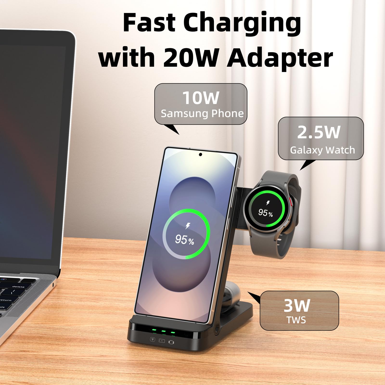 Caricabatterie wireless per Samsung, stazione di ricarica wireless 3 in 1 per S25 S24 Ultra S23 S22 S21 Note Z Fold Android, caricabatterie per Samsung Galaxy Watch 7 6 5 4 3 Pro Classic Galaxy Buds