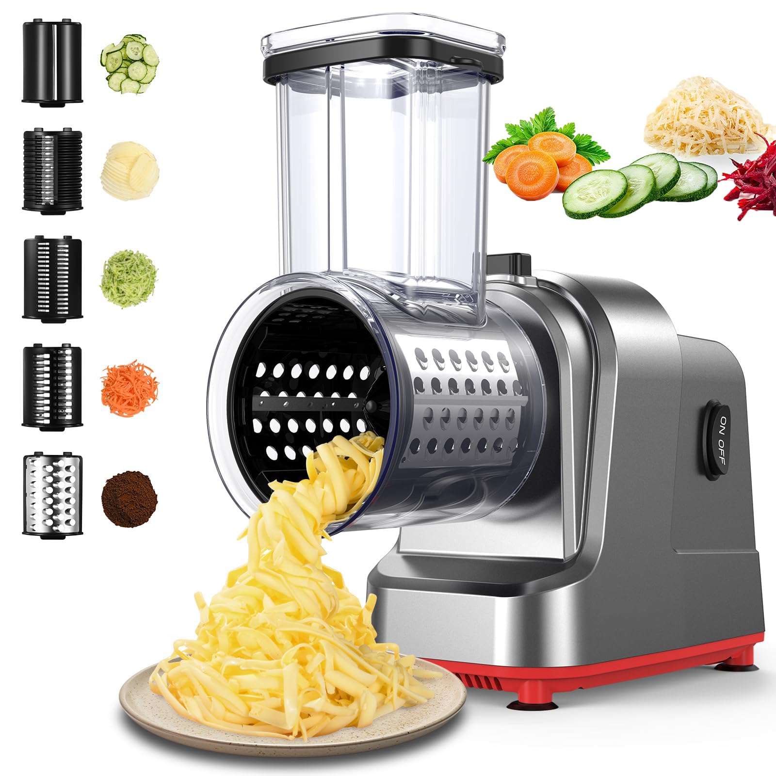 Grattugia elettrica per Formaggio, 5 Lame di Forma diversa per Insalata, Formaggio, Frutta e Verdura, grattugia elettrica da 250 W per Carote Intere, affettatrice per Patate al Formaggio