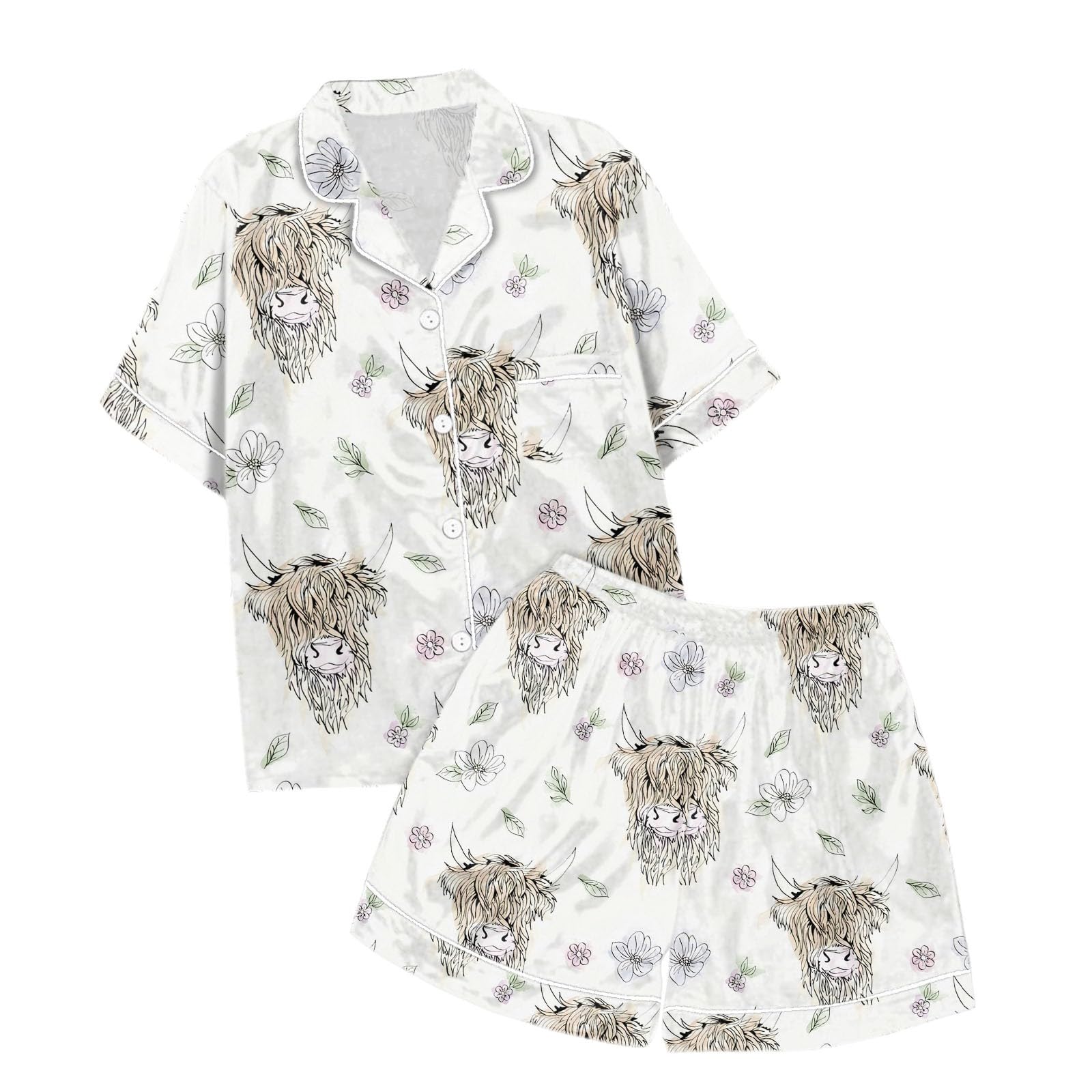 Generisch Haut de pyjama imprimé à manches courtes et short confortable. Vêtements de détente en satin pour vêtements de nuit et vêtements de maison. Tissu doux, léger et respirant.