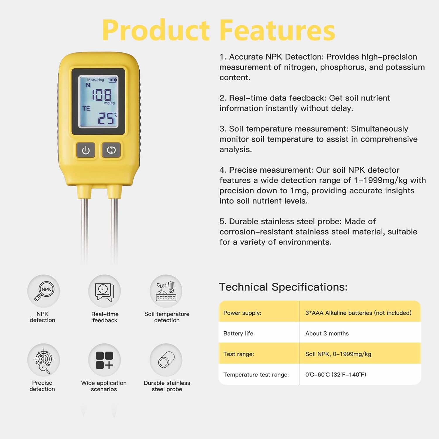 4 in 1 Digital NPK Soil Tester with LCD – High Accuracy Soil Testing Tool for Nitrogen, Phosphorus, Potassium & Temperature in Gardening, Lawn, Farming & Greenhouse