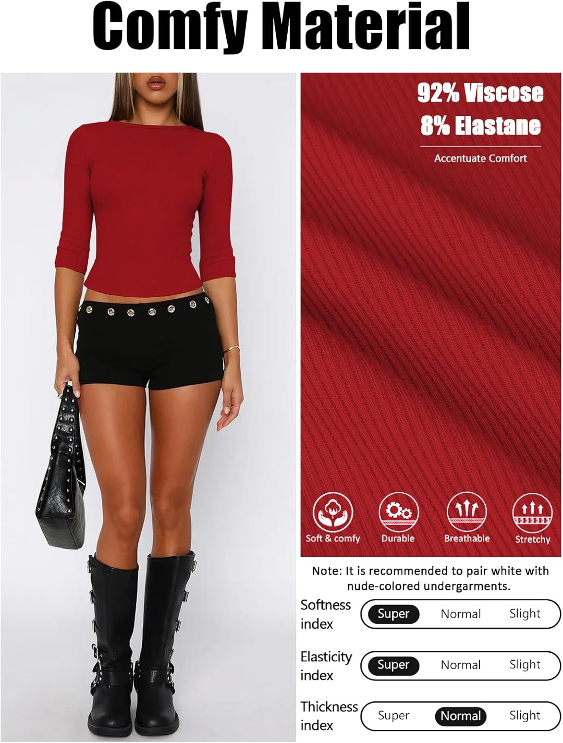 Womens 3/4 Sleeve Boat Neck Tops for Women Ribbed Knit Slim Fit Plain T Shirts Cropped Basics Essentials Clothing - Image 4