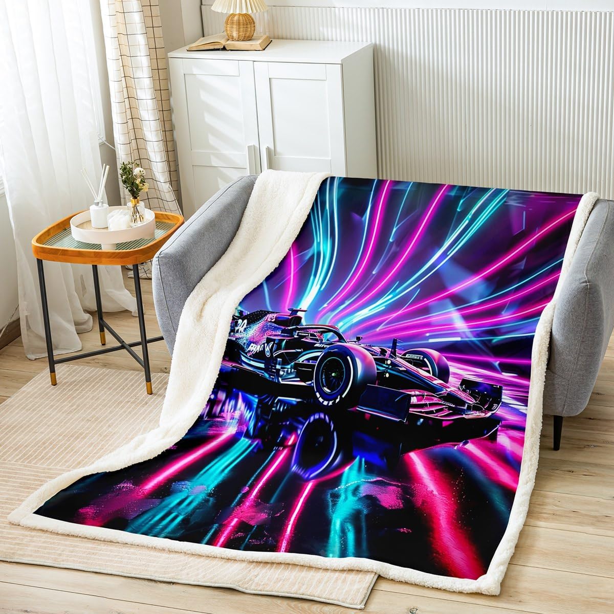 Red Blue Neon Lines Fleece Blanket,Racing Car Sport Gaming Bed Blanket for Kids Teens,Sports Car Flannel Blanket for Room Decor,Queen 90"x90"