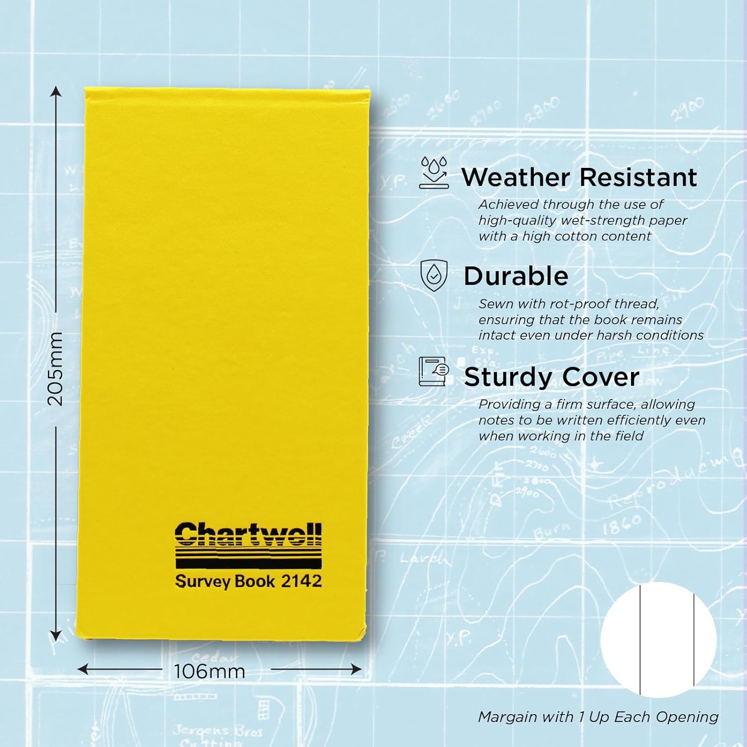 Exacompta - Ref 2142Z - Chartwell - Dimensions Casebound Survey Book - 106 x 205mm in Size, Lined Rulings, Numbered Sheets - Suitable for Use Outdoors & in Wet Conditions - Yellow
