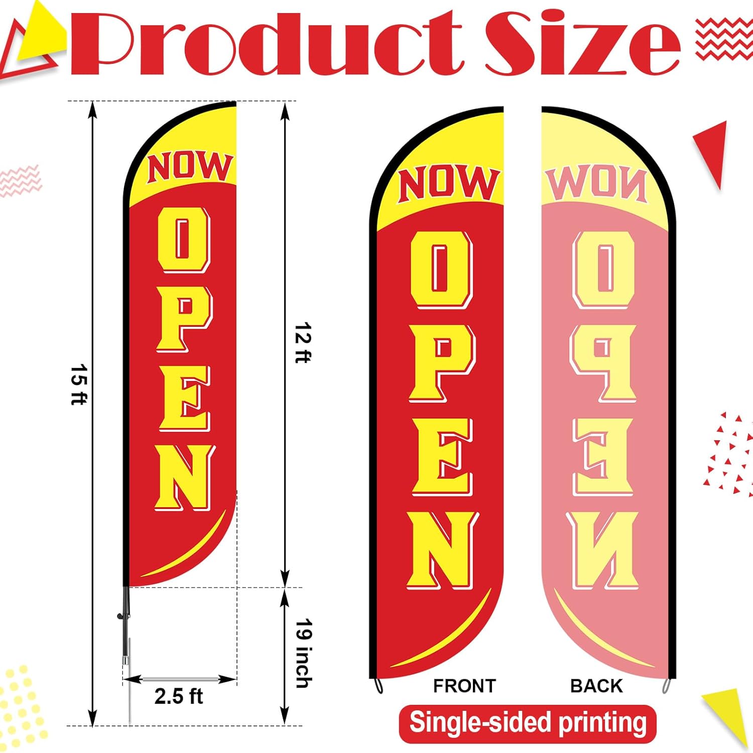 3 Sets Now Open Feather Flag Pole Kit-15 Feet Tall Now Open Flag for Businesses Advertising Sign Outside Grand Opening Banner with Pole - Ground Spike Red & Yellow