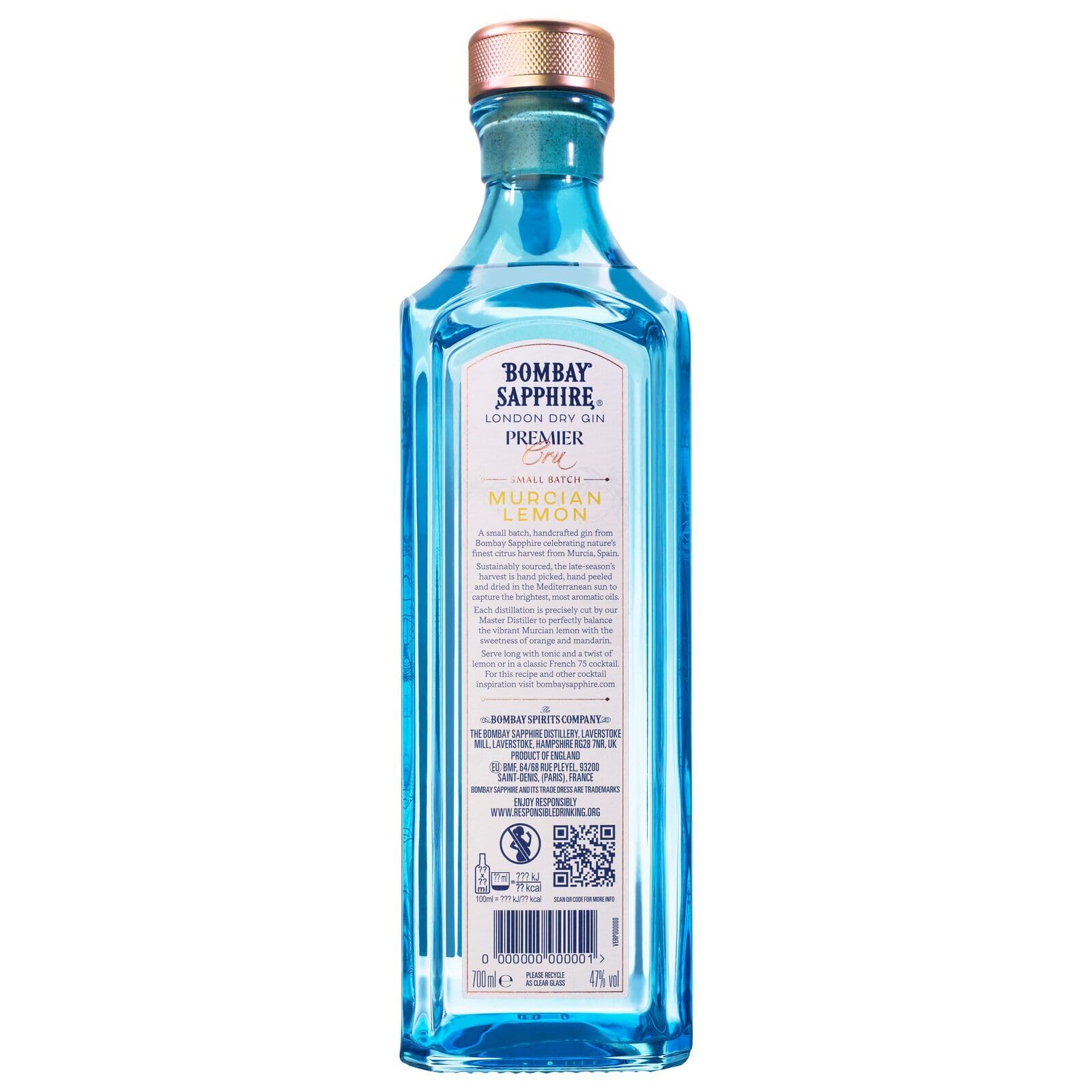 Bombay Sapphire Premier Cru Murcian Lemon London Dry Gin, 47% Vol., 70 cl / 700 ml, bebida espirituosa 100% infusionada al vapor con cítricos recolectados a mano