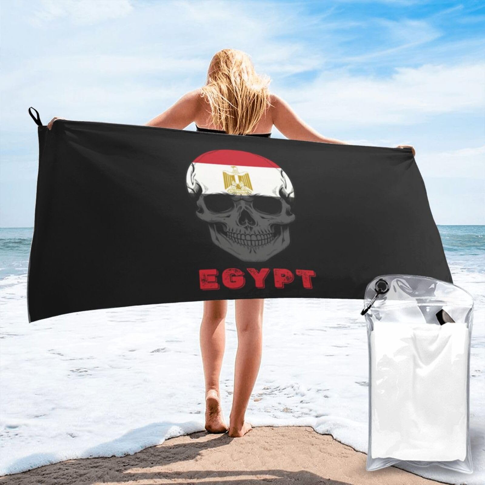 HACXZ Skull Egypt Flag Lightweight Absorbent Beach Towel Microfiber Beach Towel 31.5"X63"