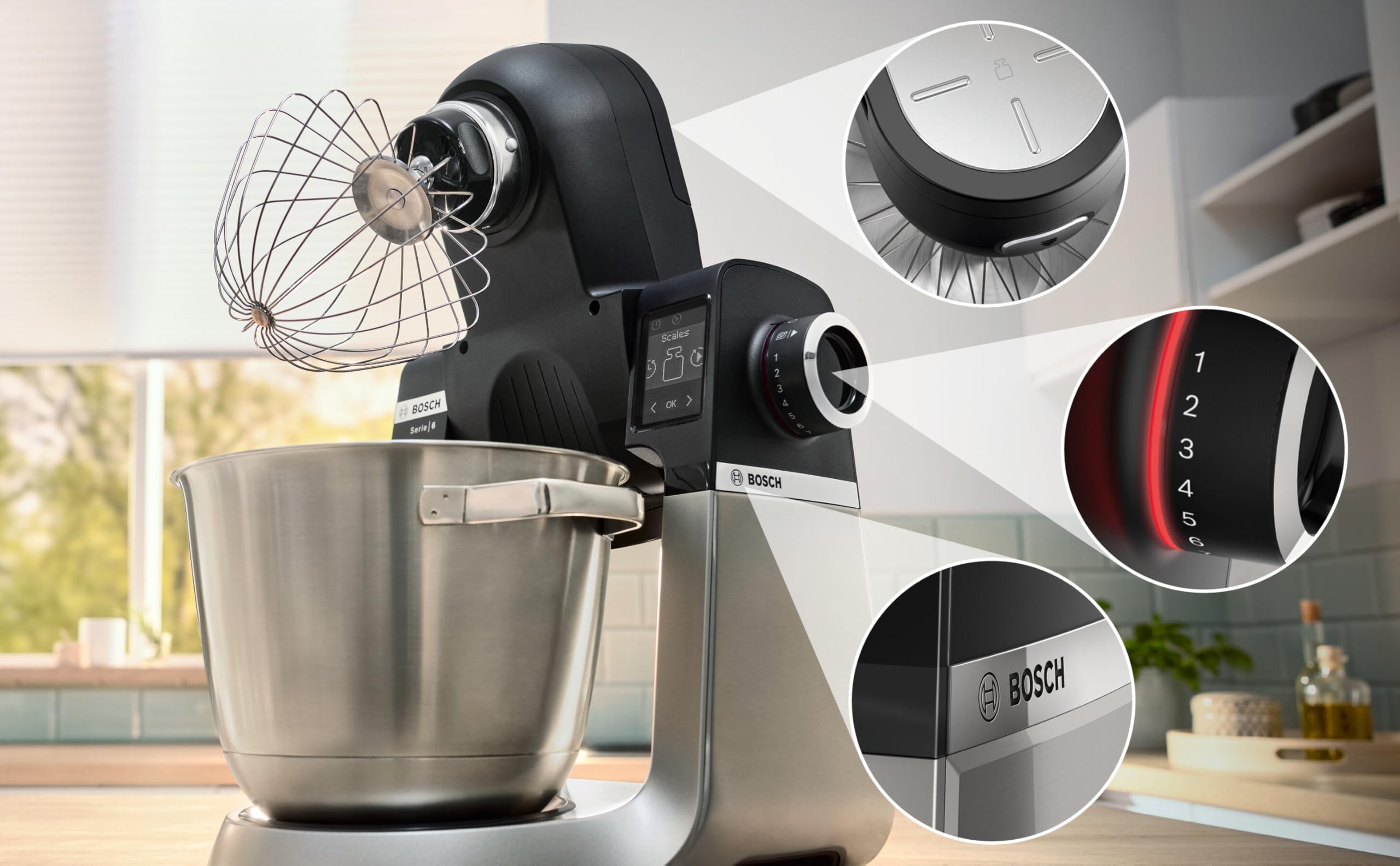 Bosch Küchenmaschine mit Waage Serie 6, MUMS6ZS34, 7 Automatikprogramme, 5,5l Schüssel, Patisserie Set inkl., Spülmaschinenfest, Integrierter Timer, 1600 W, Schwarz und Edelstahl gebürstet