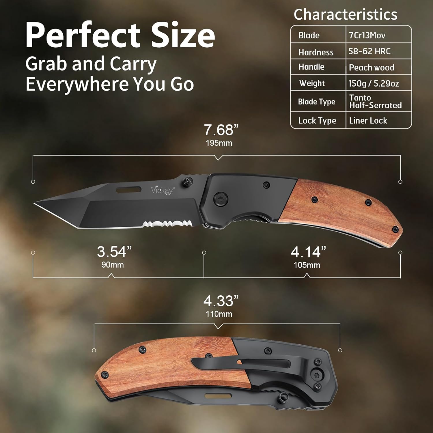 Vickay Pocket Knife, Folding Knife with Clip - 3.54″ Black Serrated Steel Blade, Wood Handle EDC Knife for Men & Women, Outdoor Camping, Tactical, Hunting, Hiking, Survival - Father’s Day Gift