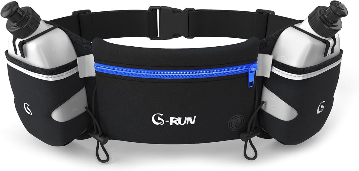 Q-RUN Hydration Running Belt with Bottles - Water Belts for Woman and Men - iPhone Belt for Any Phone Size - Fuel Marathon Waist Pouch for Runners - Jogging Cycling Biking, Blue