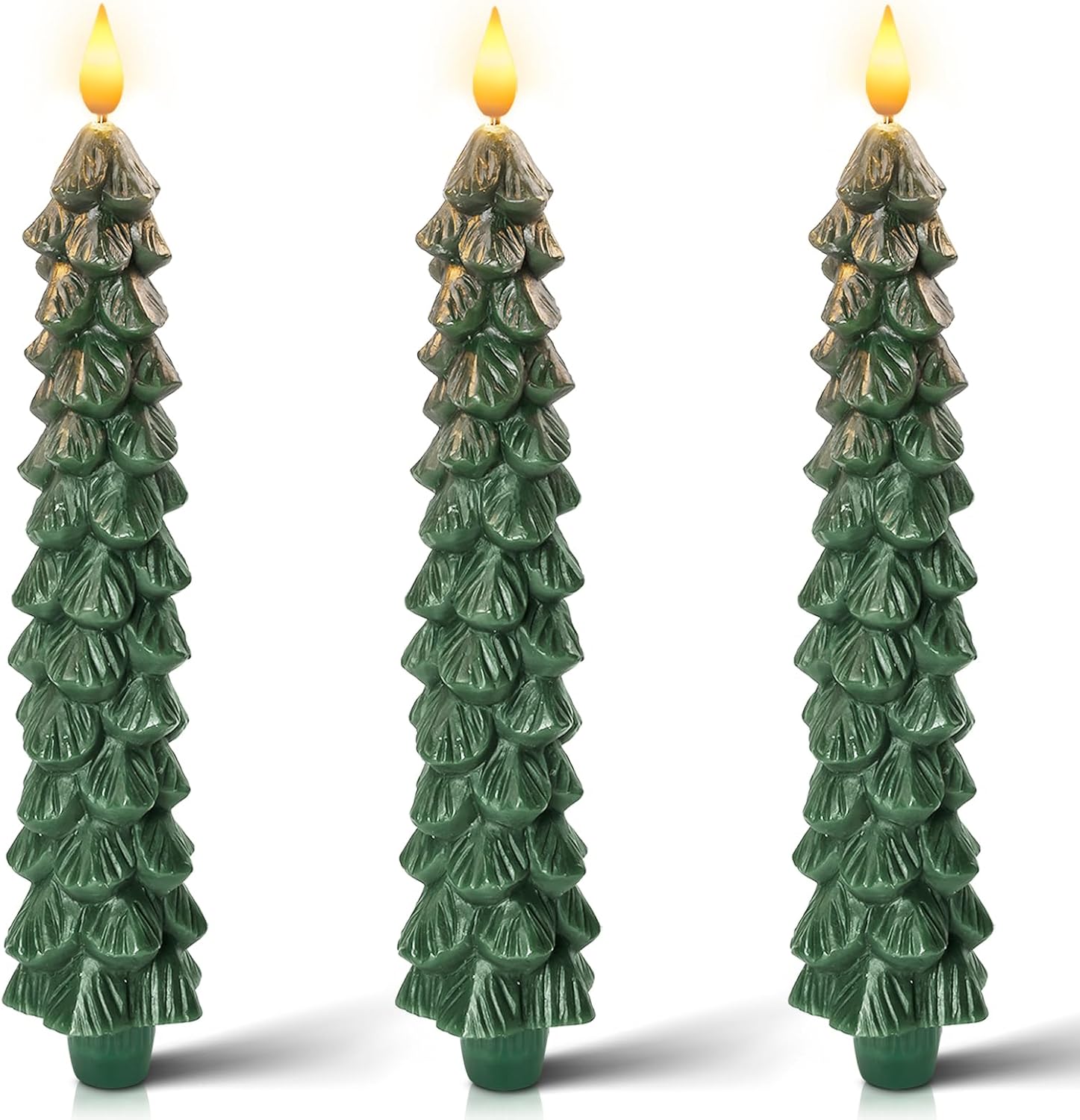 Homemory 3 PCS Flameless Taper Candles with 6-Hours Timer, 9.7 Inches Christmas Tree Candlesticks, Real Wax Battery Operated Window Candles with 3D Flickering Flame for Fireplace Christmas Green Tree
