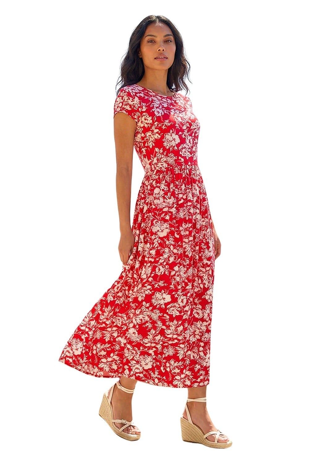 Roman Originals Women's Floral Red Roman Midi Dress With Pockets For Uk Stretchy Jersey Maxi Long Short Sleeve Elasticated Gathered High Waist Boho Flattering Skater Swing Fit Flare - Size 18