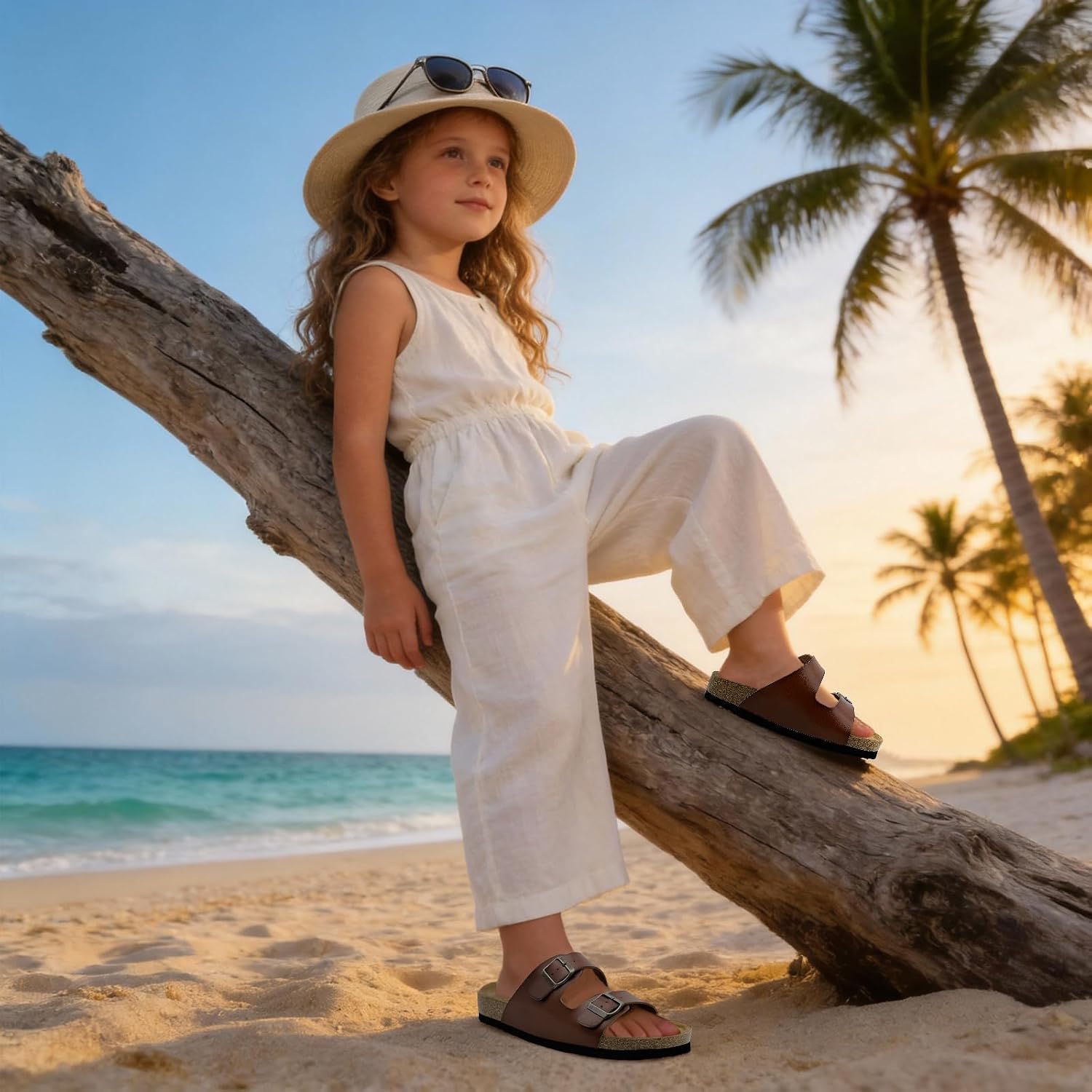 Kids Sandals Boys Girls 100% Genuine Non-slip Cork Footbed Slides, Adjustable Buckle Toddler Slides Slippers Indoor Outdoor Comfy Summer Open Toe Sandals for Little/Big Kids