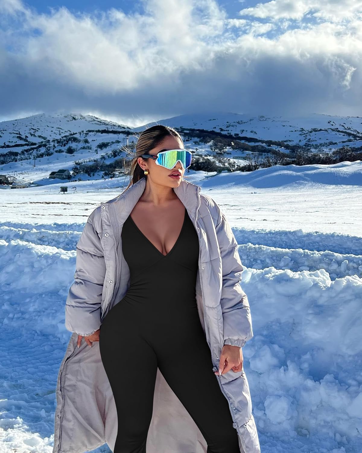 OQQ Women Jumpsuits Long Sleeve Deep V Neck Ruched Flared Jumpsuit - Image 6