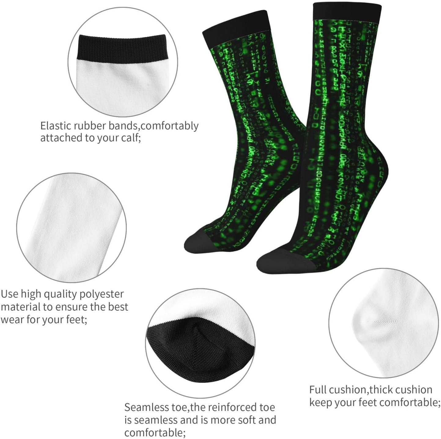 Crew Socks Breathable Cozy Boot Sock Green Matrix Calf Socks Soft Athletic Sock for Hiking Sports