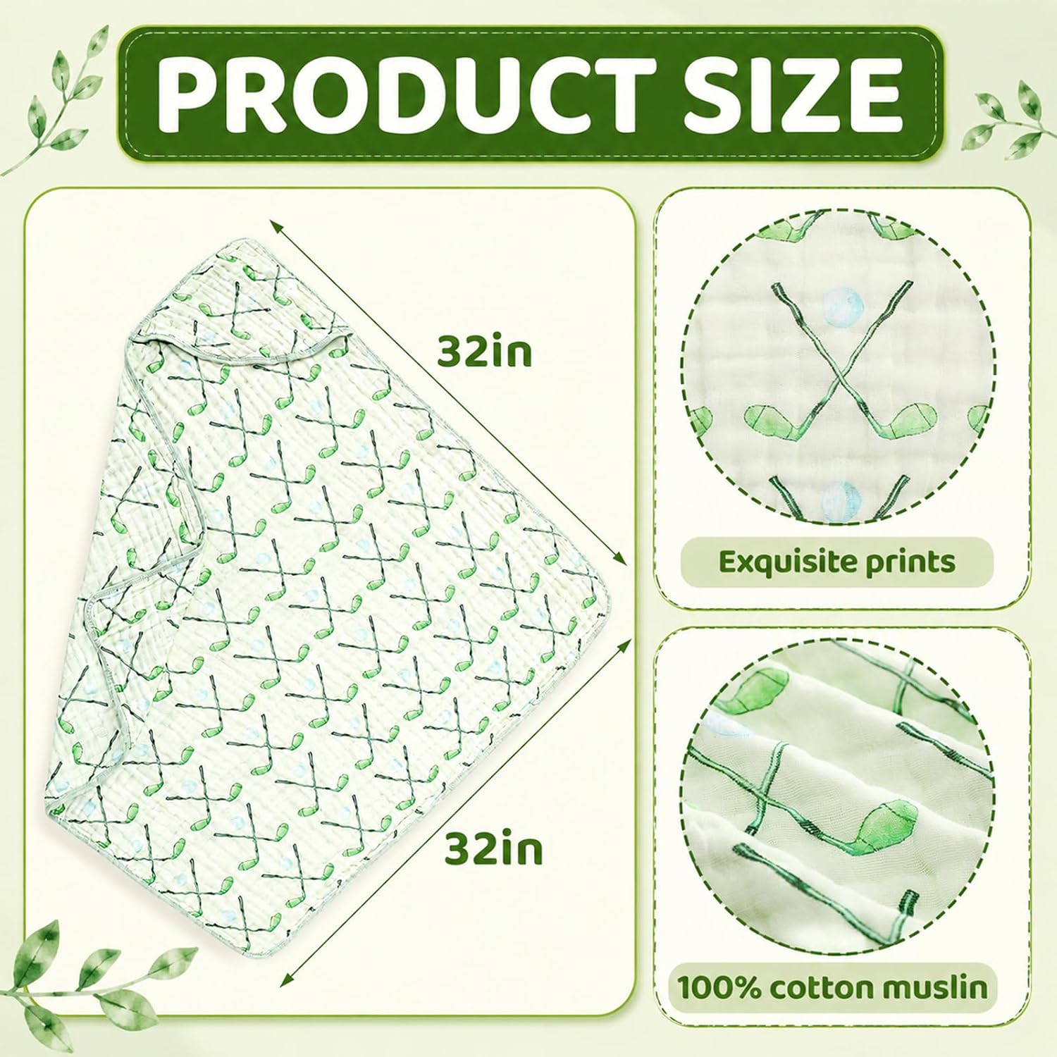 Gilprop 2 Pack Golf Baby Hooded Towels for Newborn 100% Muslin Cotton